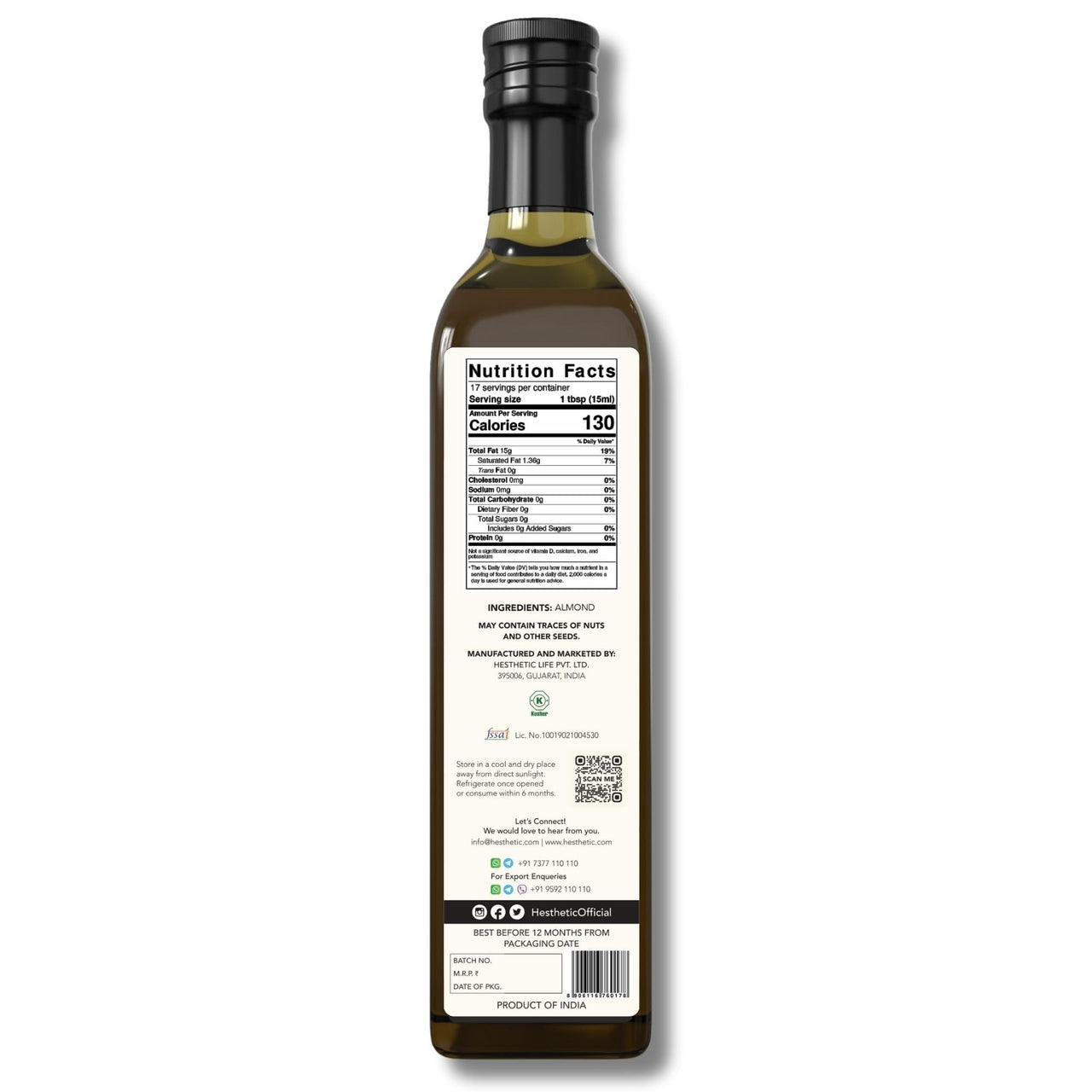 HESTHETIC Premium Virgin Cold Pressed Sweet Almond (Badam) Oil – 250ml, 100% Pure & Natural, Rich in Vitamin E, Moisturizing Oil for Skin, Hair & Nails, Cold-Pressed, Glass Bottle