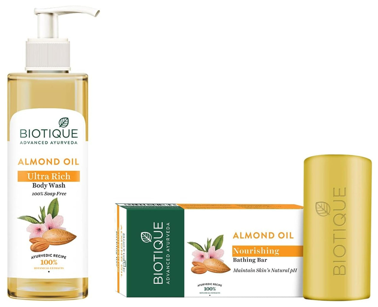 Biotique Almond Oil Ultra Rich Body Wash, Botanical Extracts, 200ml & Almond Oil Nourishing Body Soap, 150g