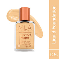 Mila Beauté Perfect Matte Long Wear Foundation | High Coverage, Light Weight & Water Resistant I Oil Free Formula With SPF 15 & Vitamin E | Smooth Matte Finish | Keeps Skin Hydrated | Shade - ( 3 Blush, 30ml)