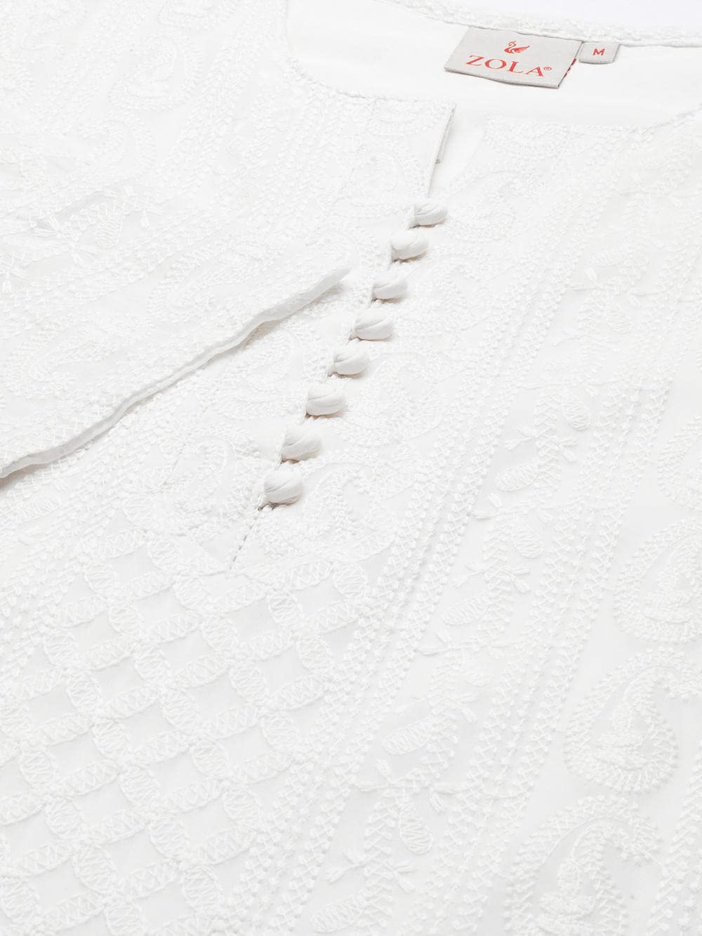 ZOLA Exclusive Georgette Round Neck with Full Sleeves and Calf Length Luckhnowi Chikan Kari Kurta with Button Placket on Yolk Ethnic Wear Straight Kurta for Women Pack of 1