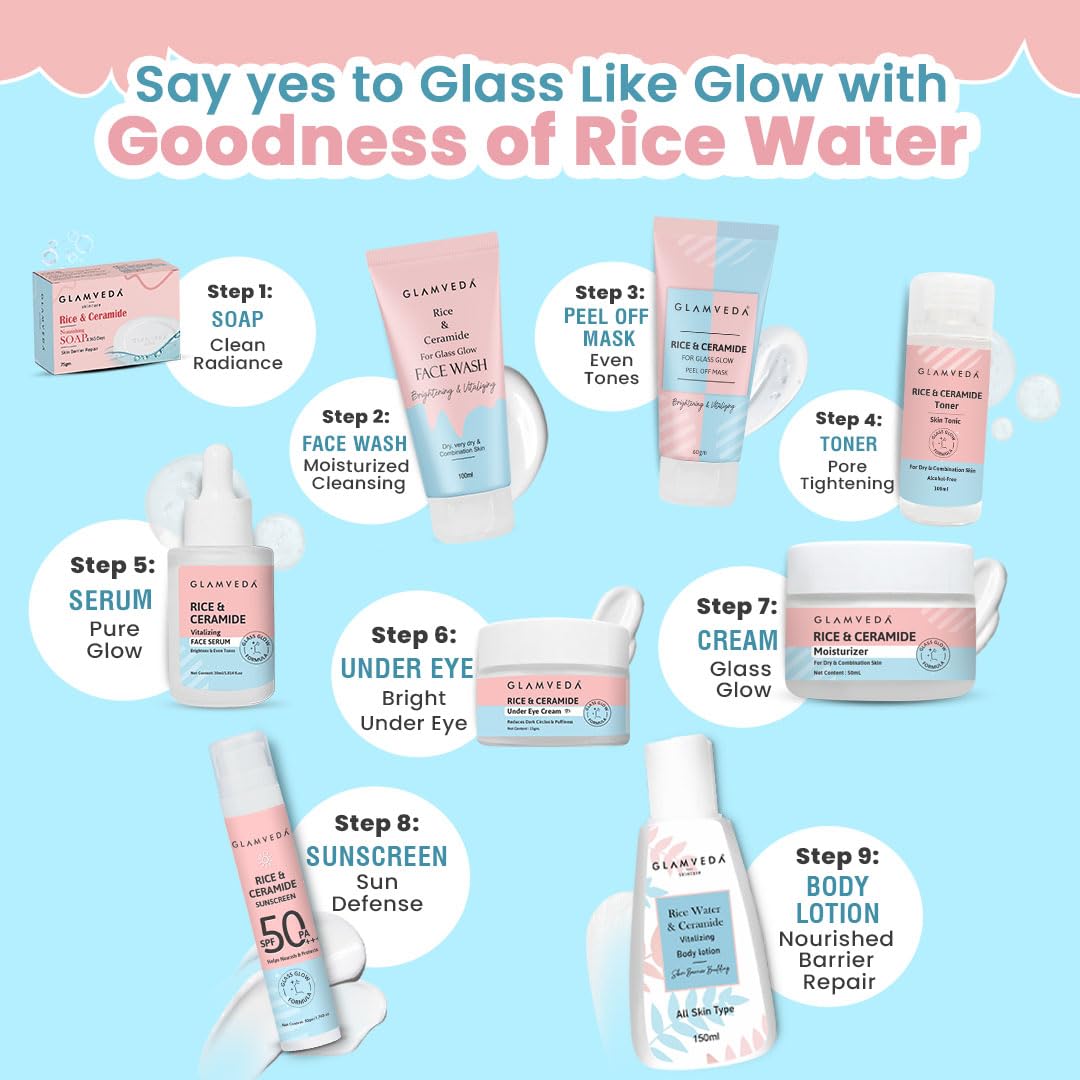 Glamveda Rice & Ceramide 4 Step Daily Skincare Routine Gift Box | Face wash, Serum, Under-eye cream, Moisturizer | For Clear, Glass Korean Skin, Bright & Hydrated Skin