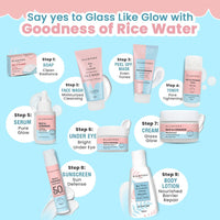 Glamveda Rice & Ceramide 4 Step Daily Skincare Routine Gift Box | Face wash, Serum, Under-eye cream, Moisturizer | For Clear, Glass Korean Skin, Bright & Hydrated Skin