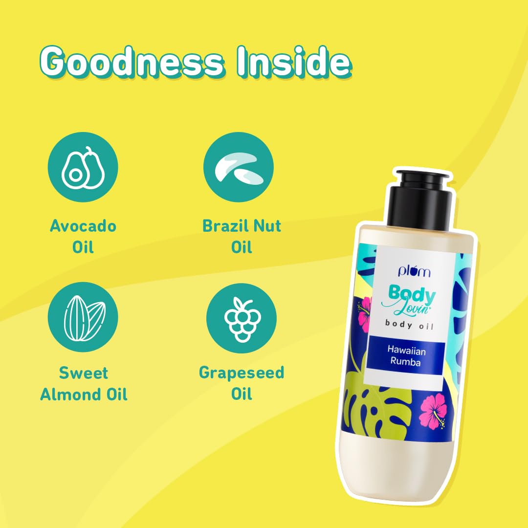 Plum BodyLovin' Hawaiian Rumba Body Oil | Intense Moisture & Instant Glow | Long Lasting Fresh Beachy Fragrance | Non-Greasy & Lightweight | Soft & Nourished Skin | For Dry To Very Dry Skin - 200ml