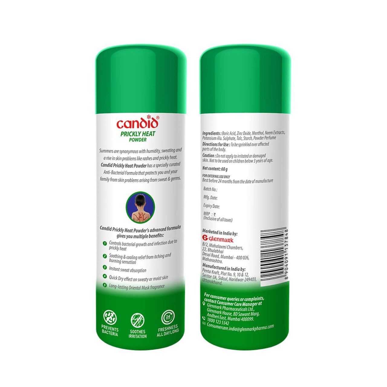 Candid Prickly Heat Powder | Relief from Rashes & Prickly Heat | Neem & Menthol Cooling | Soothing Relief from Itching & Burning | Sweat Absorption | Controls Bacterial Growth | 120g (Pack of 2)