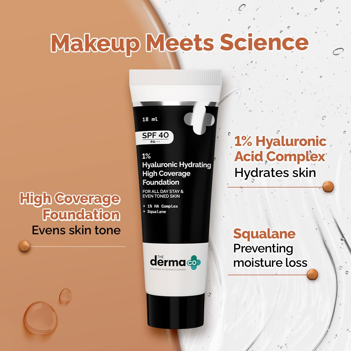 The Derma Co. 1% Hyaluronic Hydrating High Coverage Foundation With SPF 40 PA+++ for 12 Hour Long Stay & 12 Hour Oil Control | For All Skin Types & Even Skin - 18ml (03 Natural, 18ML)