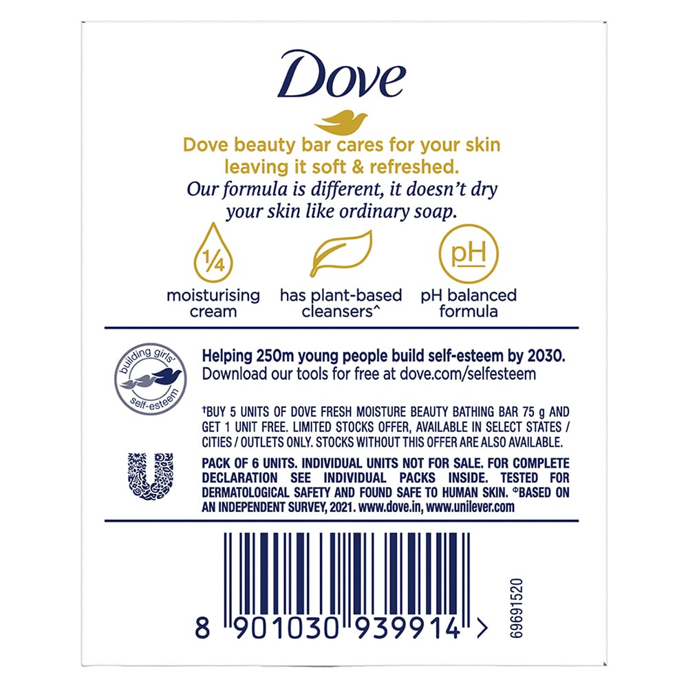 Dove Fresh Beauty Bar (pack of 6) 75g each for Hydrated Skin with Cucumber & Green Tea Leaves scent