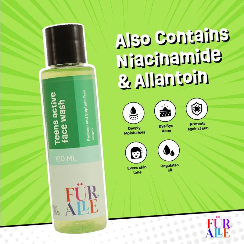 FurAlle Teens Active Face Wash 120ml | Enriched with Aloe Vera, Cucumber & Carrot Seed | Gentle Cleanser for Teen Boys & Girls | Fresh Facewash for Teenage Skin | Facewash for Fresh Kids Skin