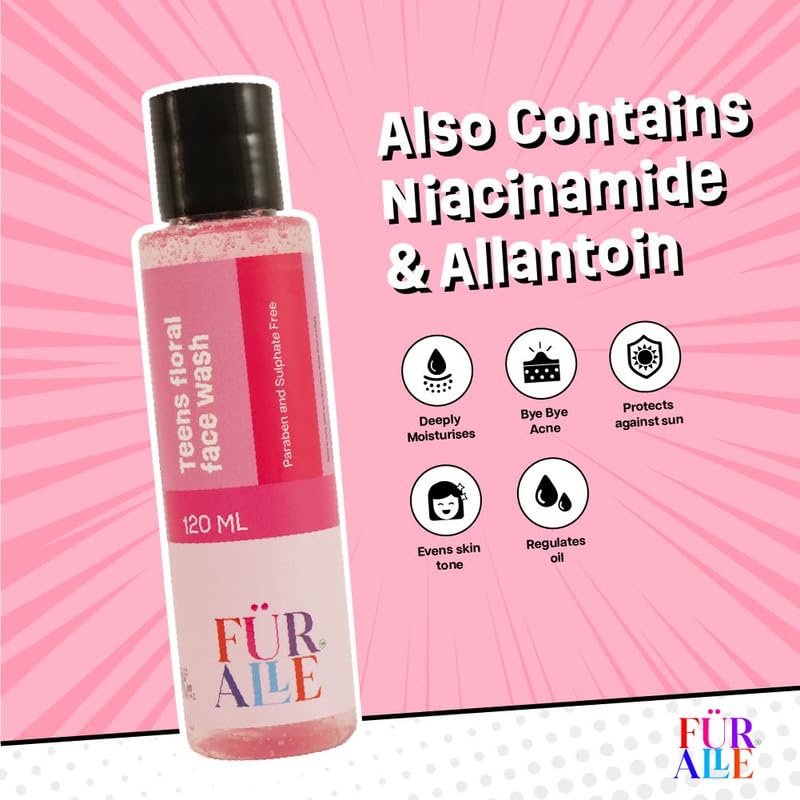 FurAlle Teens Floral Face Wash 120ml | Enriched with Aloe Vera, Purple Orchid, Oats & Avocado | Gentle Daily Cleanser for Boys & Girls | Fresh & Clean Skincare for Boys & Girls