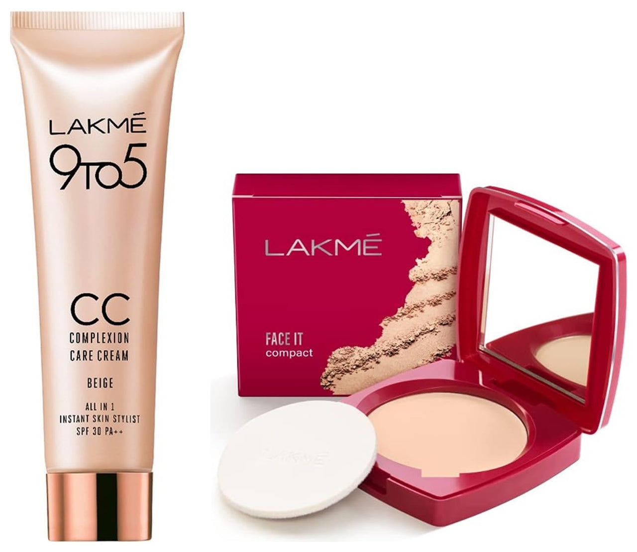 Lakmé Face It Compact, Shell, 9 g&Lakmé 9 to 5 CC Cream Mini, 01 - Beige, Light Face Makeup with Natural Coverage, SPF 30 - Tinted Moisturizer to Brighten Skin, Conceal Dark Spots, 9 g