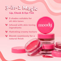 Moody Plush 3-in-1 Lip, Cheek & Eye Cream - Cherry Cheer with Cacao Butter, Shea Butter & Jojoba Oil | Long Lasting | Paraben Free Lip Balm Moisturizer For All Skin Type, 5gm