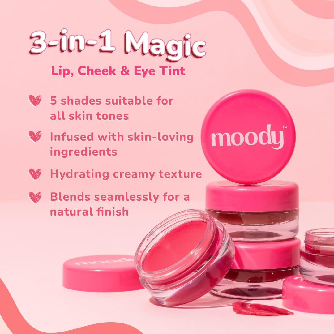 Moody Plush 3-in-1 Lip, Cheek & Eye Cream - Peachy Pop with Cacao Butter, Shea Butter & Jojoba Oil | Long Lasting | Paraben Free Lip Balm Moisturizer For All Skin Type, 5gm