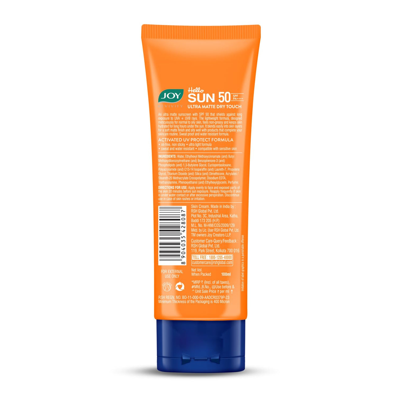 Joy Hello Sun Ultra Matte Sunscreen SPF 50 PA ++++ (100ml) | Protects & Controls Oil | Ultra Light, Water Resistant & No White Cast | SPF50 For Oily, Dry, Acne-prone Skin