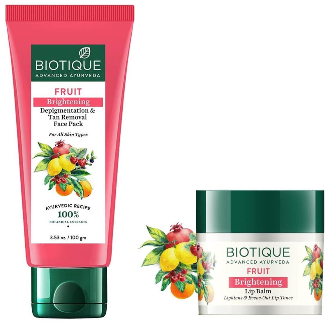 Biotique Bio Fruit Whitening/Brightening Lip Balm, 12g & Biotique Fruit Brightening Depigmentation & Tan Removal Face Pack For All Skin Types, 100ml