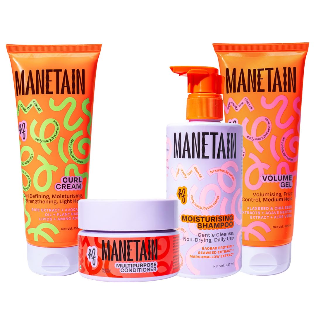 MANETAIN Washday Bundle | Moisturizing Shampoo 237ml , Multipurpose Conditioner 200gm , Volume Gel 200ml & Curl Cream 200ml | Hydrating, Anti-Frizz, Curl-Enhancing for Curly, Wavy Hair | Protein/Moisture Balanced | Vegan, No Sulfates or Silicones