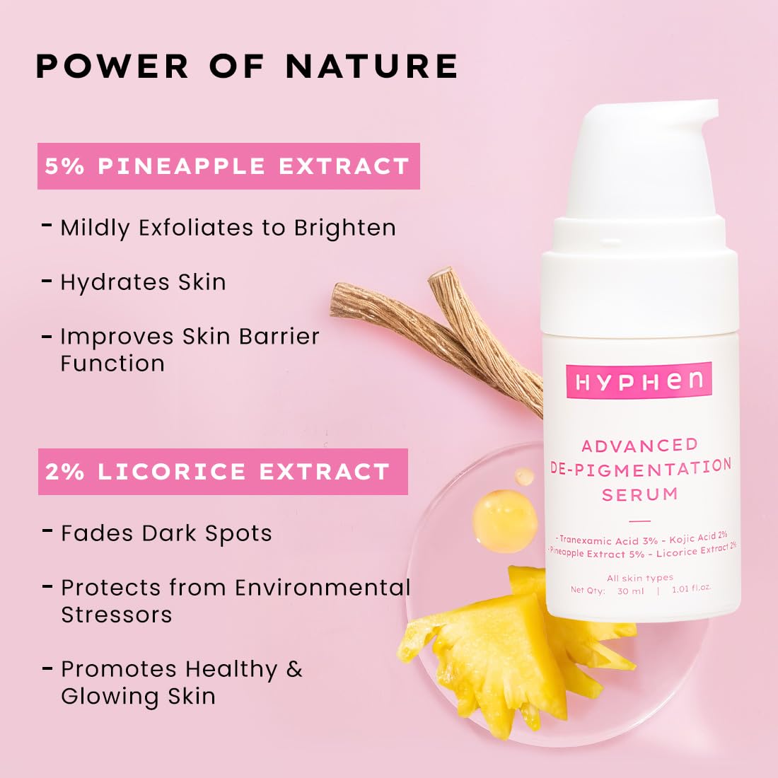 Hyphen Advanced De-Pigmentation Serum For Hyperpigmentation, Melasma, Dark Spots & Scars With 2% Kojic Acid | Visibly Brightens & Even Tones Skin | Serum For Women & Men - 30ml