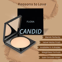 FLiCKA Candid Compact Powder For Velvet Matte Finish, Long-Lasting, Smooth Finish| Absorbs Oil, Waterproof Formula, Prevents Creasing| 03 Caramel, 9g