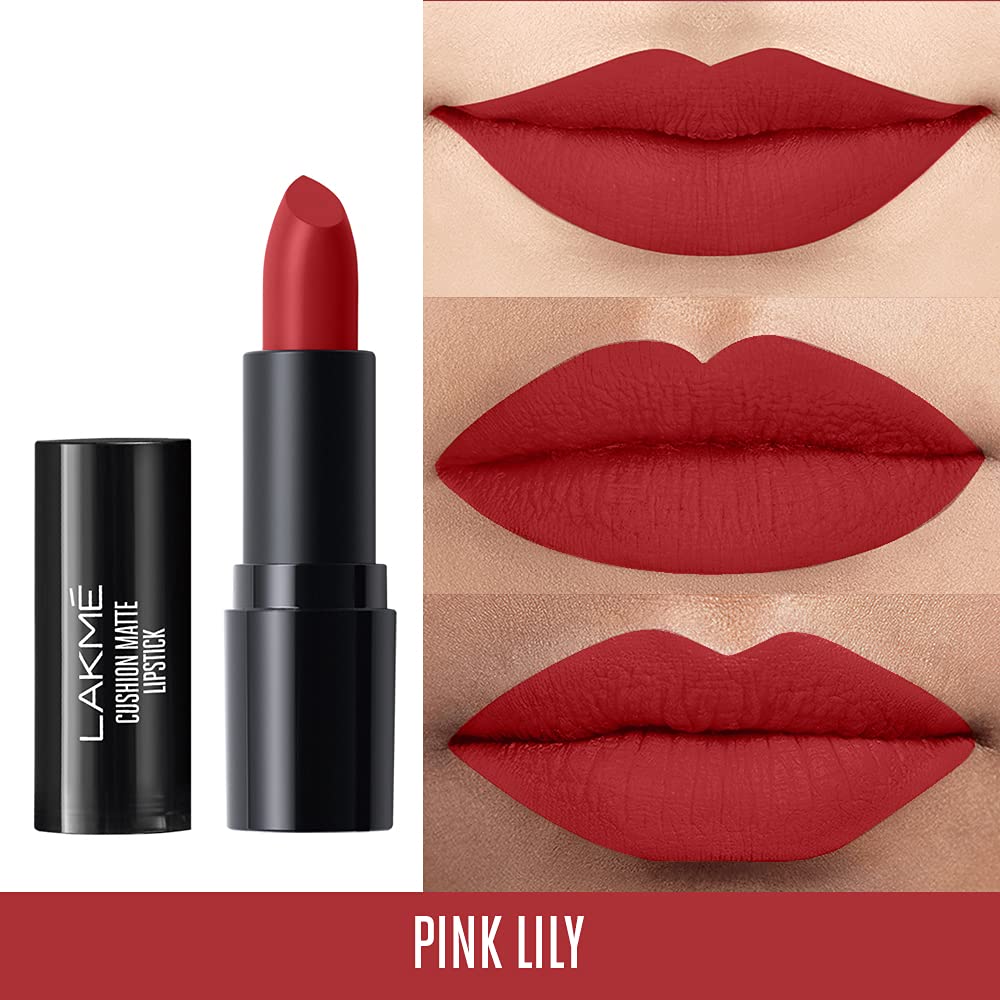 Lakmé Forever Matte Liquid Lip Colour, Red Revival, 5.6 ml & Lakmé Cushion Matte Lipstick, Pink Lily, 4.5 g