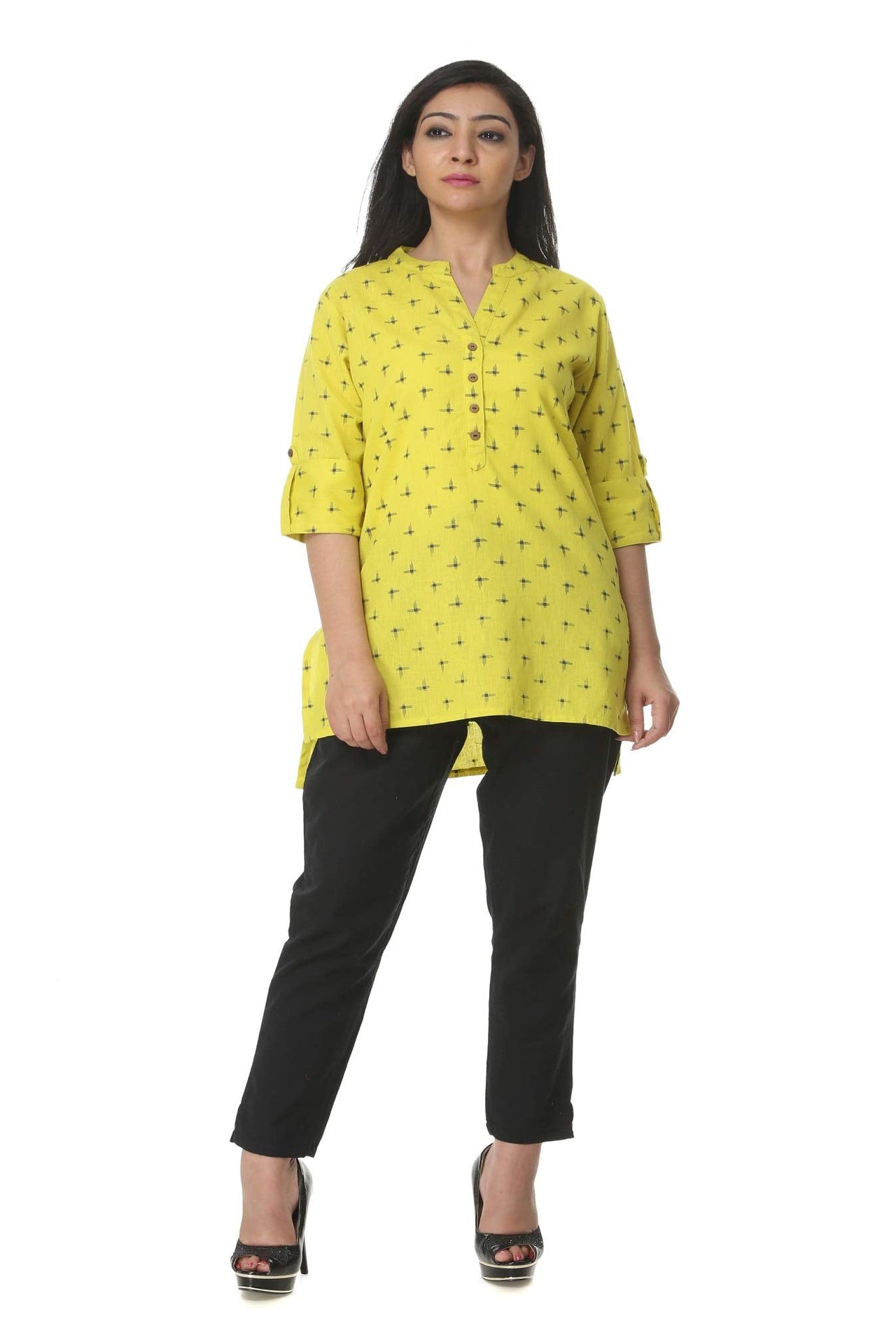 Pistaa's  Printed Lime Green Cotton Flex Short Top Kurti