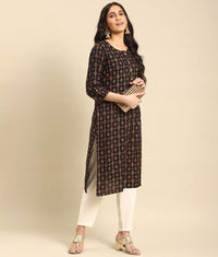 rangita Women Rayon Gold Printed Calf Length Straight Kurti