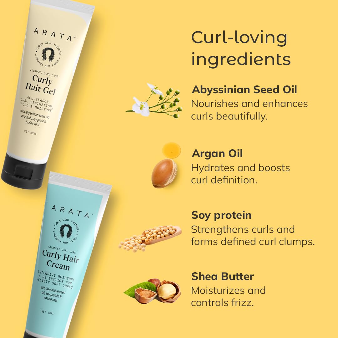 Arata Curl Styling Combo (Mini) - Curl Cream (50ml) + Gel (50ml) For Dry, Frizzy, Wavy, Curly Hair | Reduces Frizz | Moisturises, Hydrates & Defines Curls | Natural Hold | No Sulphate,Paraben,Silicone