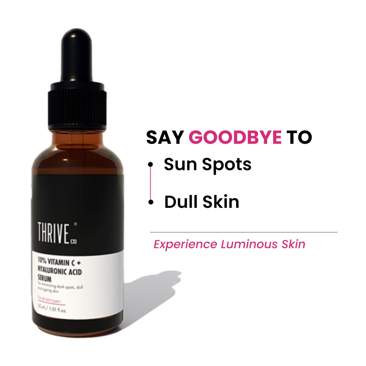 ThriveCo 10% Vitamin C Serum For Face With Hyaluronic Acid | Gives Instant Brightening Effect & Glowing Skin | For Men & Women | All Skin Types | Non-Sticky, Vegan, Fragrance & Cruelty-Free | 30ml