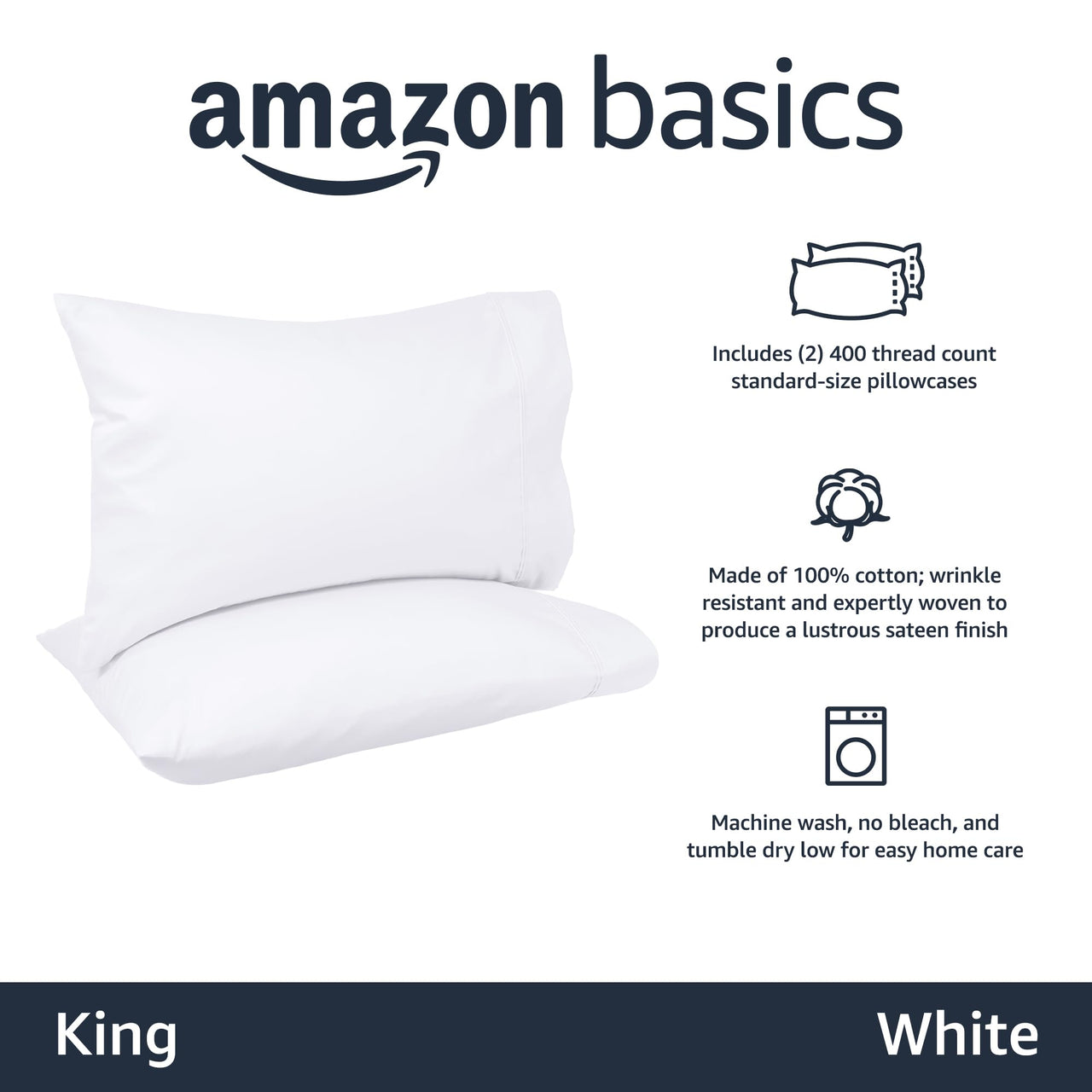 Basics 400 Thread Count Cotton Pillow Case, 40" L x 20" W, King, White - Set of 2, Pillows Not Included