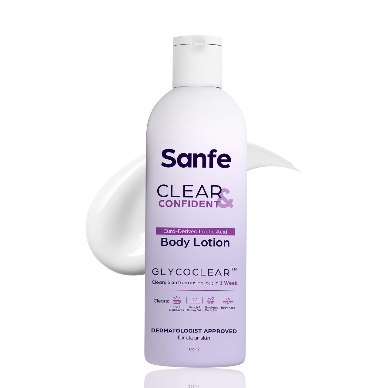 Sanfe Clear & Confident Glycolic Acid Body Lotion | Daily AHA Exfoliation for Rough & Bumpy Skin, Tan, Acne & Strawberry Skin | Niacinnamide, Lactic Acid SALICYLIC ACID 1% W/w | Smooth Skin from 1st Use | 200ml