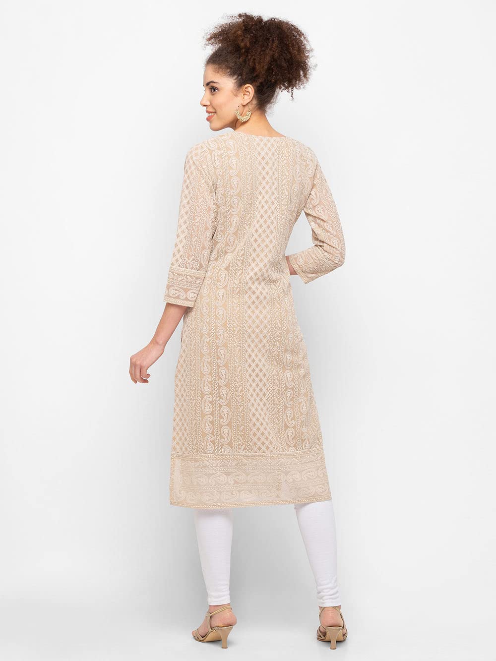 ZOLA Exclusive Georgette Round Neck with Full Sleeves and Calf Length Luckhnowi Chikan Kari Kurta with Button Placket on Yolk Ethnic Wear Straight Kurta for Women Pack of 1