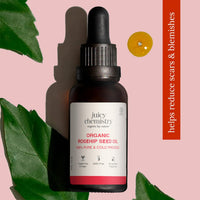 Juicy Chemistry Organic Rosehip Oil for Skin, Face & Hair 30 ml | Cold Pressed & Therapeutic Grade Carrier Oil for Face Massage, Makeup Prep, Scars, Cuticles, Stretch Marks, Fine Lines & Wrinkles