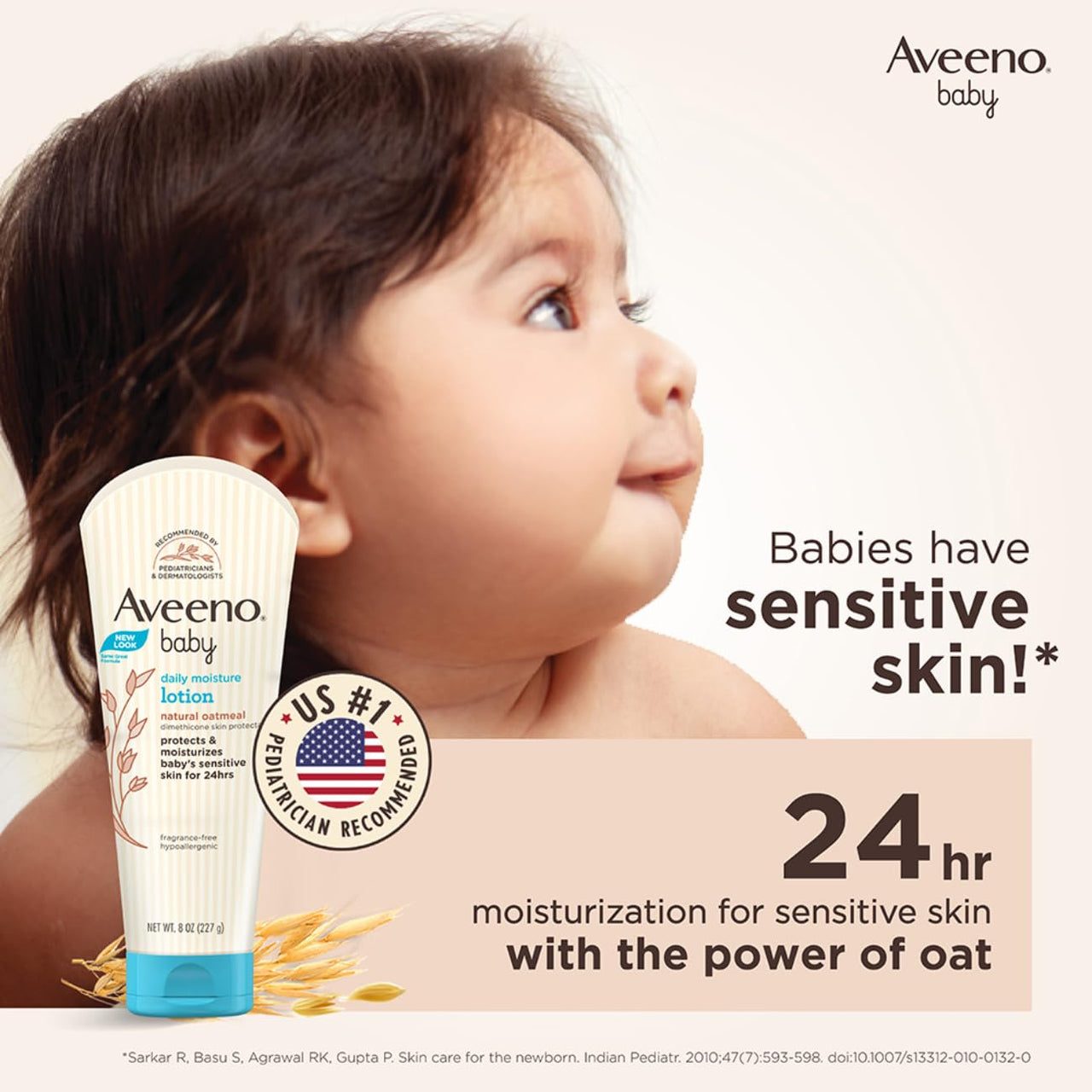 Aveeno Baby Daily Moisture Lotion (227g) | 24 Hour Moisturization | Suitable for newborns | Oat flour & glycerin | Fragrance-free, paraben-free, Hypoallergenic | Nourishes, soothes & protects baby's sensitive skin