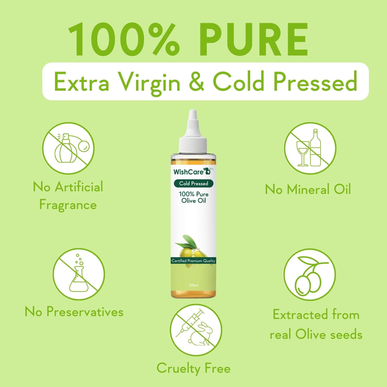 WishCare® 100% Pure Premium Cold Pressed Olive Oil for Hair & Skin - 200ml