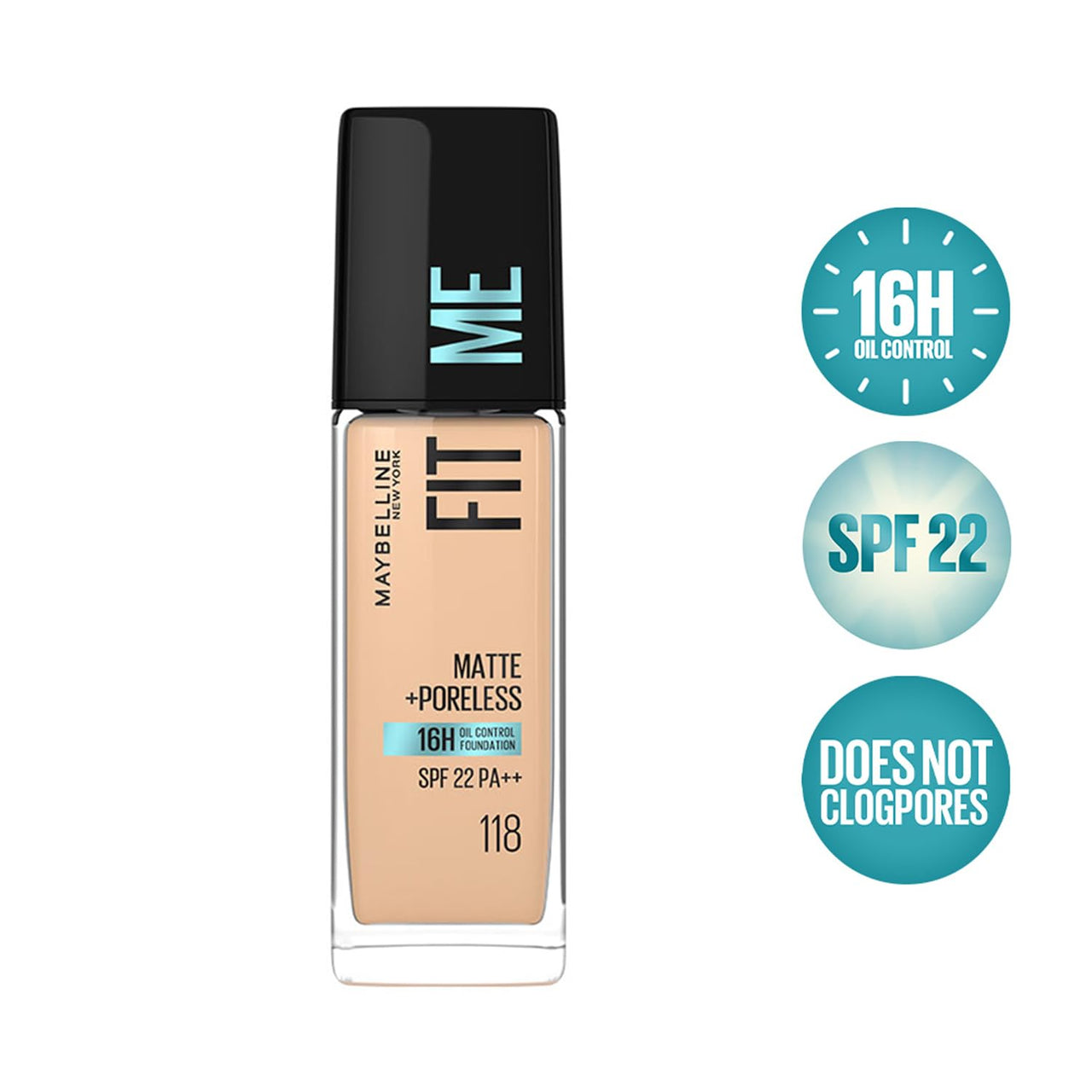 Maybelline New York Liquid Foundation, Matte Finish, With SPF, Absorbs Oil, Fit Me Matte + Poreless, 118 Light Beige, 30 ml