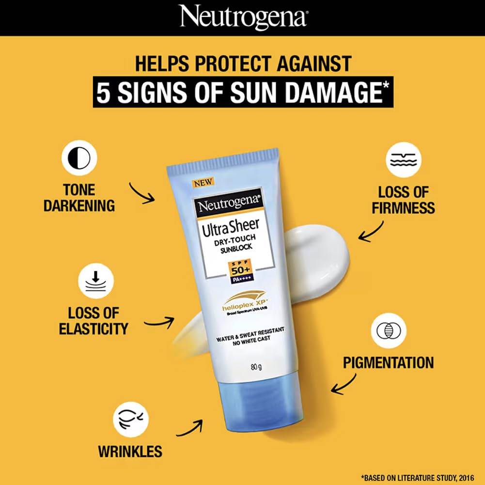 Neutrogena Ultra Sheer Sunscreen SPF 50+ | Broad Spectrum UVA/UVB | Blue light protect | No White Cast | Water resistant, Ultra light & Non sticky | Oily, Dry & Sensitive Skin | 80 g (Pack of 1)