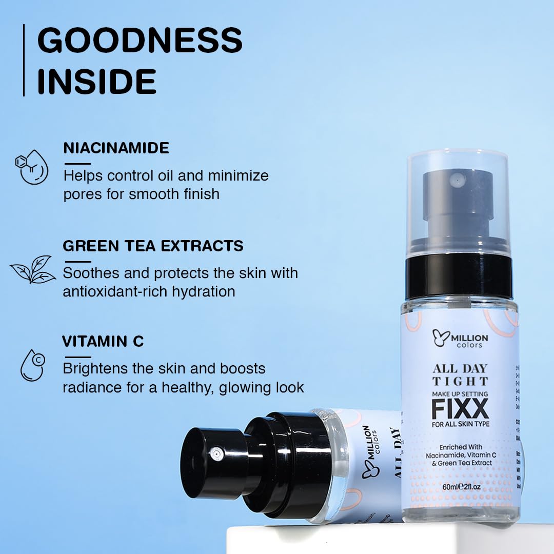 Million Colors Makeup Fixer Spray For Men and Women Oily Skin 60ml | Long Lasting Sweatproof Waterproof with Matte Finish | Dewy Natural Mini Setting Primer For Glowing Face (Pack of 2)