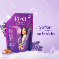 Vivel Fragrant Body Wash, Lavender & Almond Oil Shower Gel, 400 ml Supersaver Refill Pouch, Moisturizing Bodywash, Soft & Smooth Skin, Effective Cleansing, For Women & Men