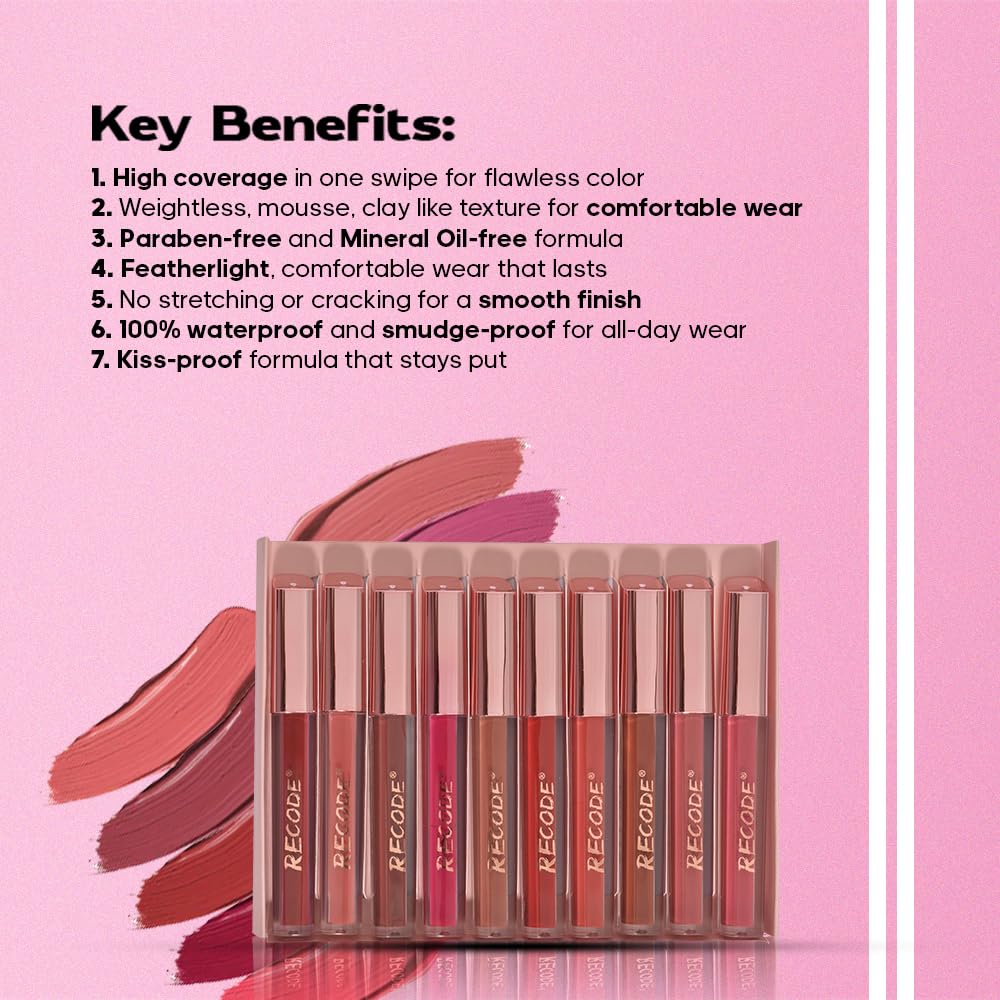 Recode Clay Matte Liquid Lipsticks 2 ML x 10|Long Lasting|Waterproof|Perfect for Gifting,Wedding & Special Occasions|Smudge-proof|Infused with olive & Jojoba Oil|Travel Pack of 10
