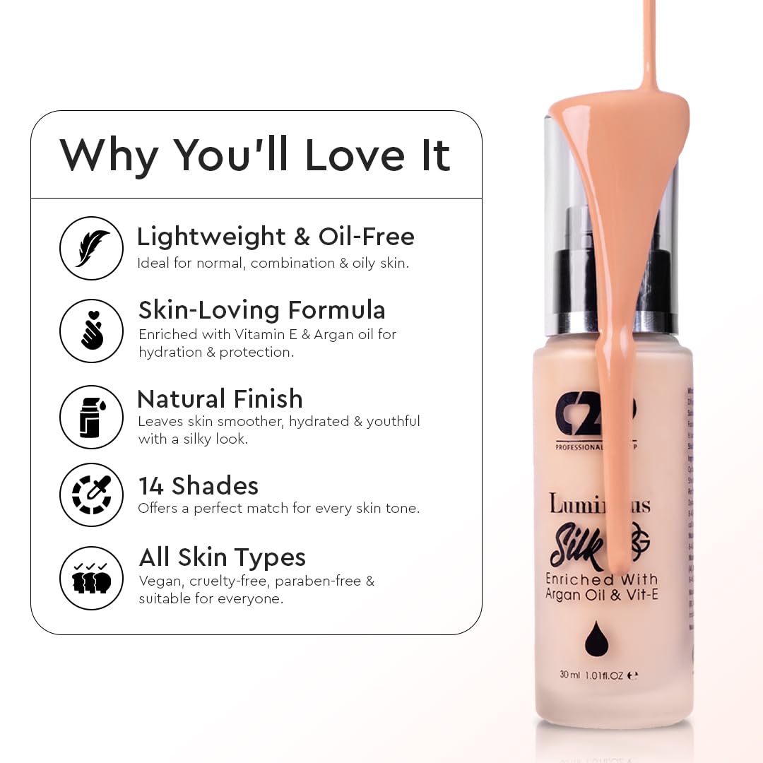 C2P Pro Luminous Silk Liquid Foundation For Women Face Makeup LIGHT 04, 30 ml | High Coverage For Dry Oily Combination Natural Glowing Skin | Waterproof Long Lasting | Argan Oil & Vitamin E