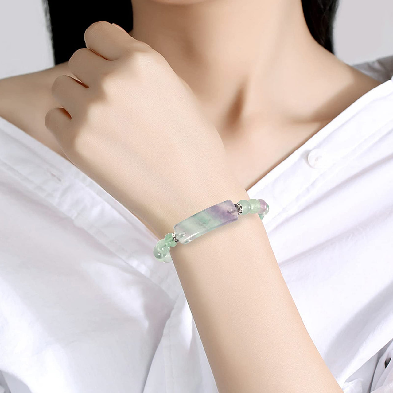 TUMBEELLUWA Healing Stone Bracelet 8mm Beads Chakra Crystal Energy Heart Charm Bracelet Handmade Jewelry for Women #6 fluorite crystal stone