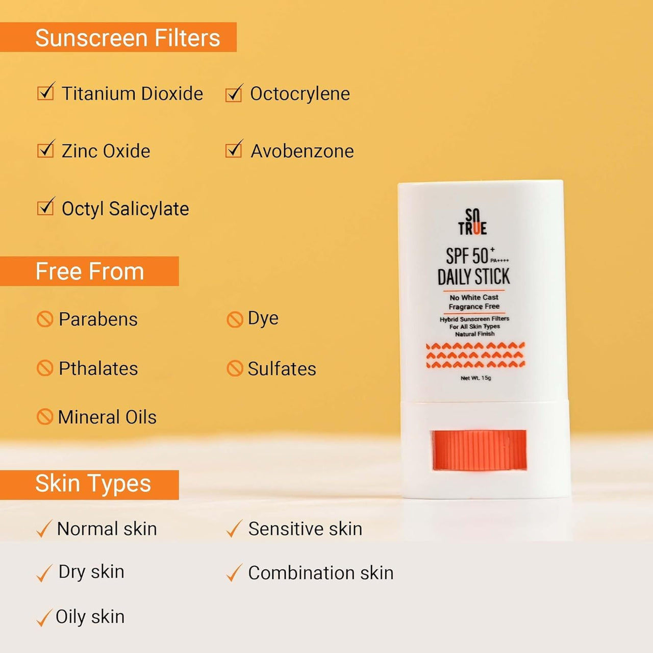 Sotrue SPF 50+ Daily Sunscreen Stick | Lightweight, Water Resistant | No White Cast | Broad Spectrum PA++++ | Non Sticky With Dewy Finish | Mess Free Sun Protection | Suitable for Face & Body 15g