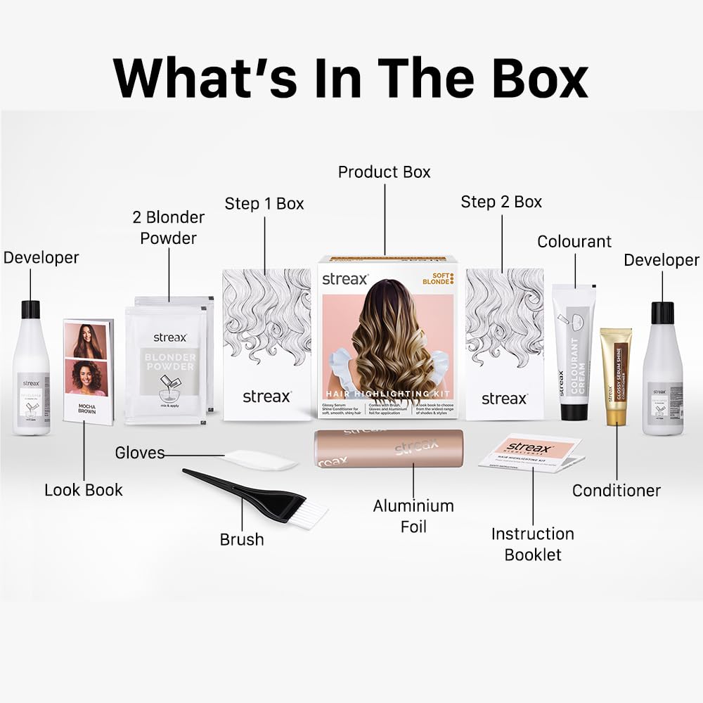 Streax Hair Colour Highlight Kit | Blonde, Soft Blonde - Pack of 1 | Enriched With Walnut & Argan Oil | For Women | Rich, Vibrant, Easy to Use, DIY Application