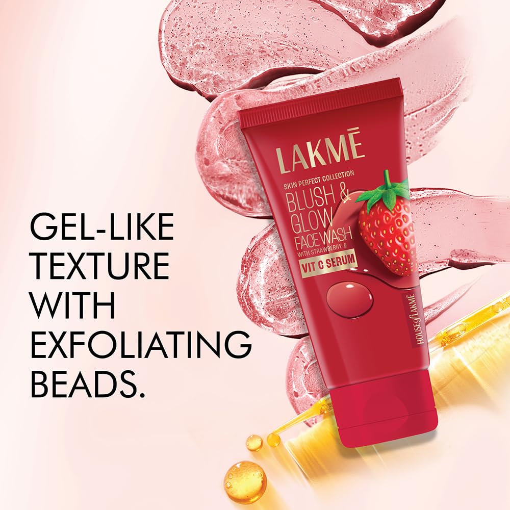 Lakmé Blush & Glow Exfoliating Face Wash with Vitamin C Serum, Hydrating and Gentle Facewash with Strawberry Fruit Extracts, 150gm