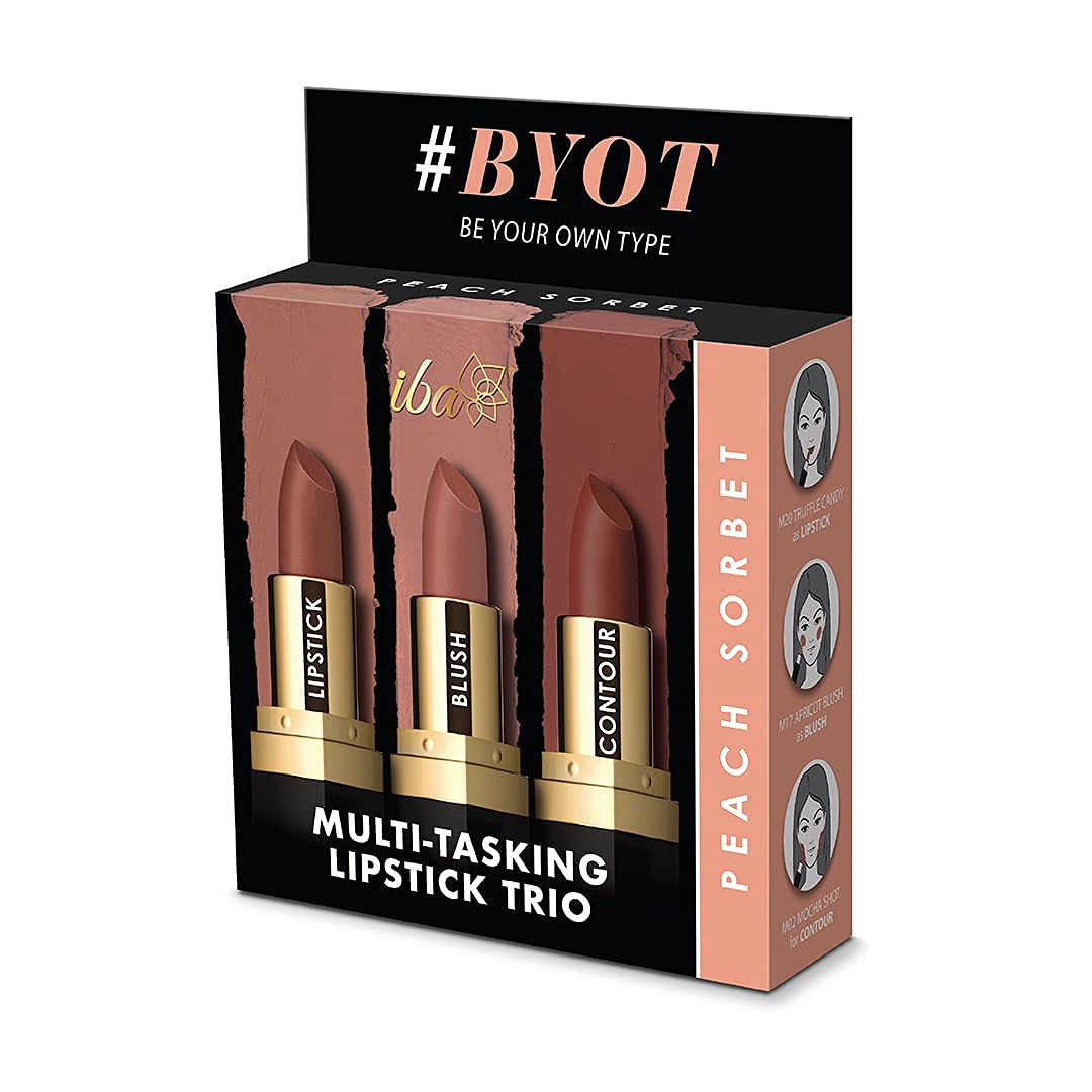 Iba Multi-Tasking Lipstick Trio - Peach Sorbet, Lipstick, Blush, Contour Brown Matte, 12g (Pack of 1) | Halal Certified & Vegan Makeup