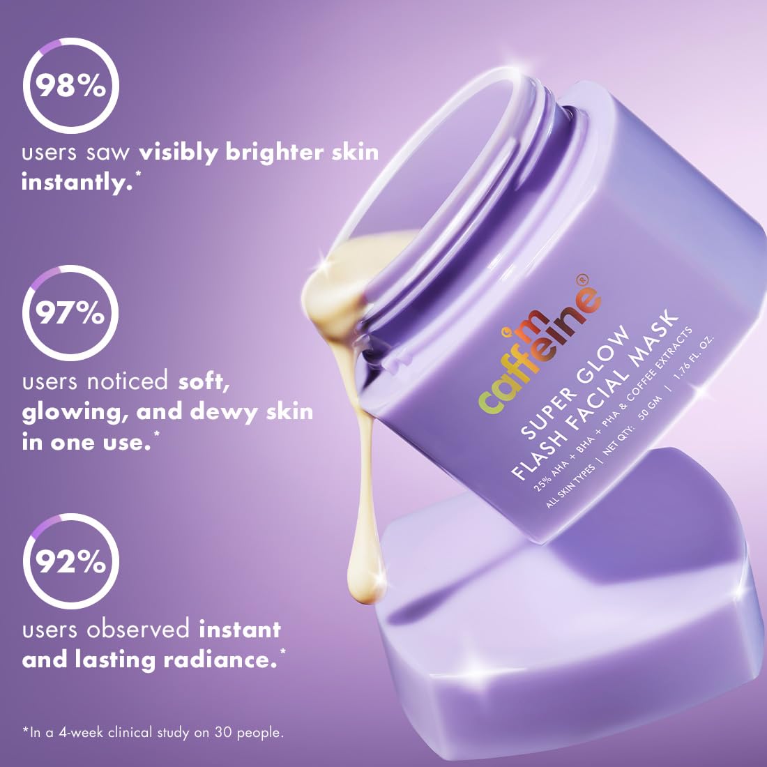 mCaffeine Super Glow Flash Facial 25% AHA+BHA+PHA Face Mask | 5 Mins Glow Face Pack | Instant Brightening | Unclogs Pores, Removes Blackhead & Dead Skin | Tan Removal | Color Changing Mask - 50gm