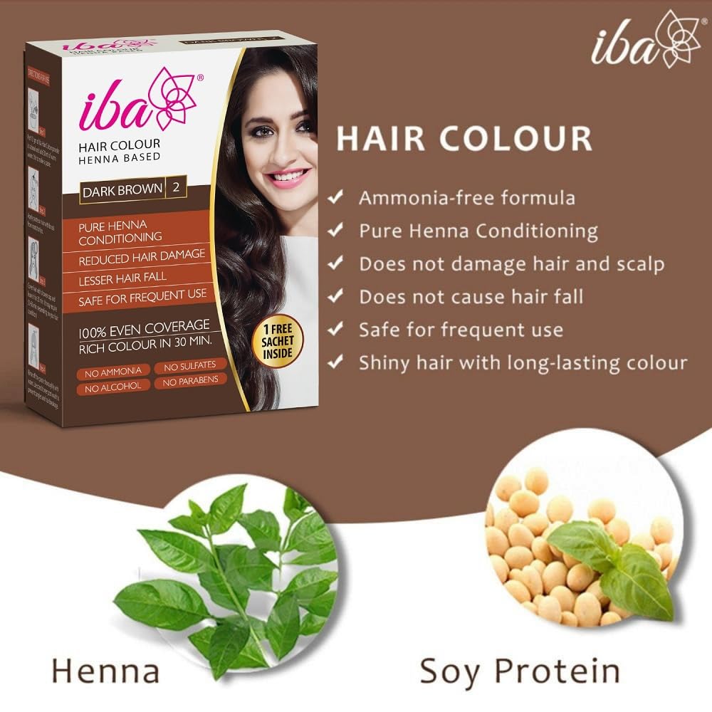 Iba Hair Colour for Women - Dark Brown, 70g | 100% Pure Henna Based Powder Sachet | Natural Hair Colour & Long Lasting with Conditioning Formula | Reduced Hair Fall & Hair Damage | Shine & Nourish Hair | Free from Ammonia and Other Harmful Chemicals | Her