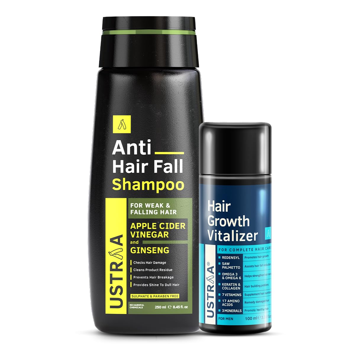 Ustraa Anti Hairfall Shampoo - 250ml - Dermatologically Tested, With Apple Cider Vinegar| Prevents Hairfall | No SLS & Hair Growth Vitalizer 100ml - With Redensyl, Saw Palmetto | Non-sticky, Non-oily