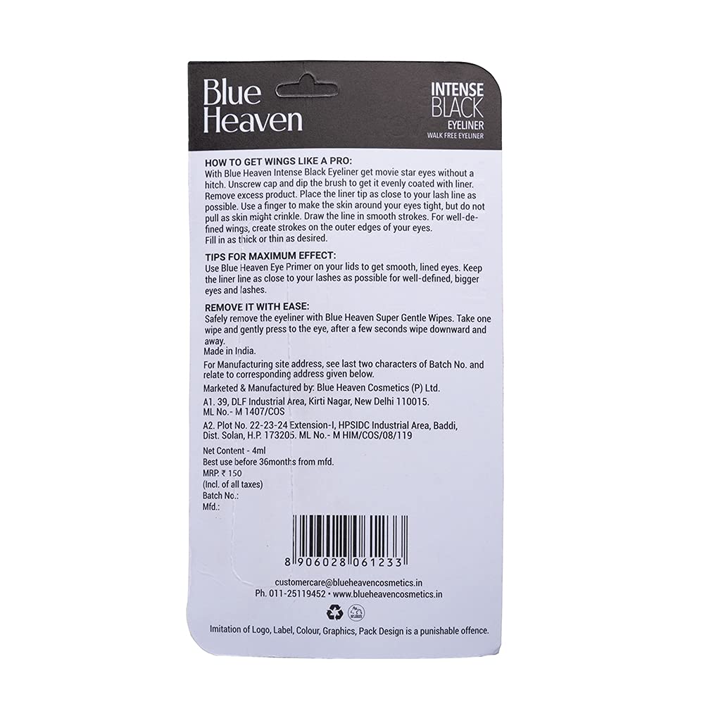 Blue Heaven Intense Black Eyeliner Glide-On | Waterproof Smudge Proof, Long lasting One Stroke Finish Liquid Eyeliner, 4ml