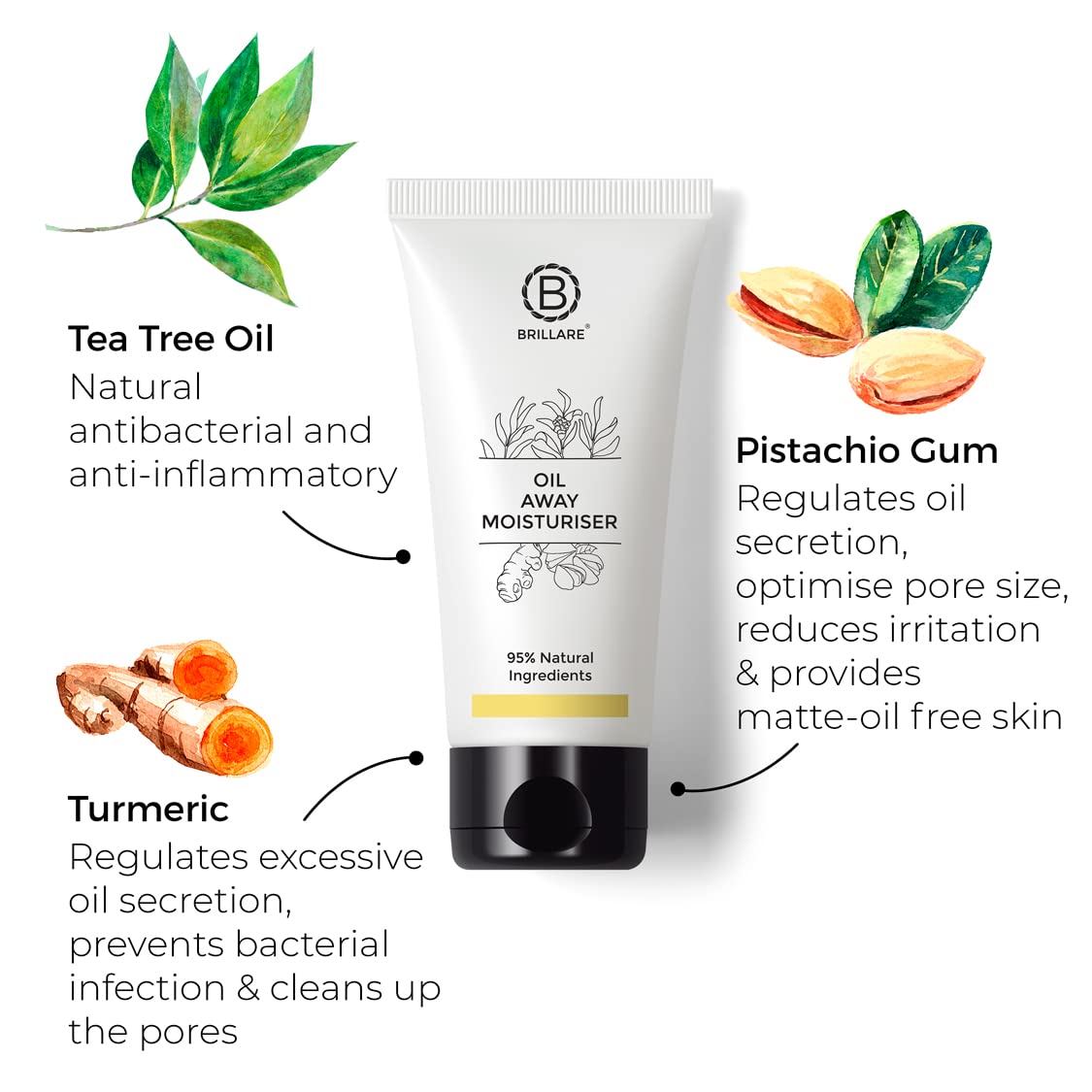 Brillare Professional Oil Away Natural Moisturiser With Tea Tree and Turmeric, For Oily Acne Prone Skin, (50 ML) & Away Natural Face Wash With Tea Tree and Turmeric (100 ML) Combo
