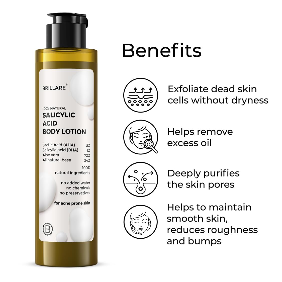 Brillare Salicylic Acid Body Lotion For Clear, Purified, Acne Prone Skin For All Body Types, Men & Women, 100% Natural Probiotics Lotion with Lactic Acid