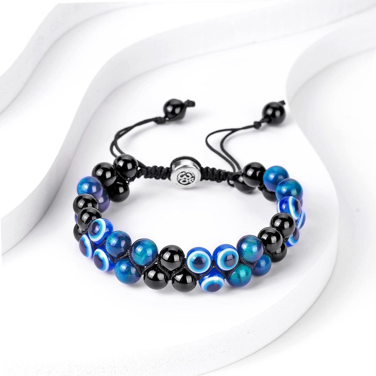 Triple Protection Bracelet 8MM Blue Tiger Eye Evil Eye Black Onyx Stone Bracelet Healing Crystal Natural Stone Bracelet for Men Women Bring Prosperity Luck (8mm Blue Tiger Eye/Evil Eye/Black Onyx) 8mm Blue Tiger Eye/Evil Eye/Black Onyx