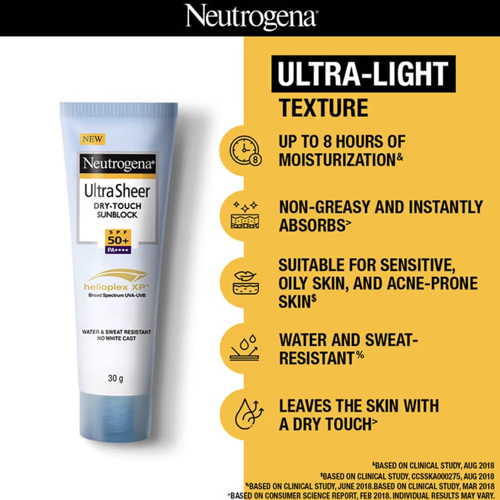Neutrogena Ultra Sheer Sunscreen SPF 50+ | Broad Spectrum UVA/UVB | Blue light protect | No White Cast | Water resistant, Ultra light & Non sticky | Oily, Dry & Sensitive Skin | 30 g (Pack of 1)
